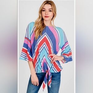 KFAB Designs Pink & Blue Bell Sleeve Top NWOT Small